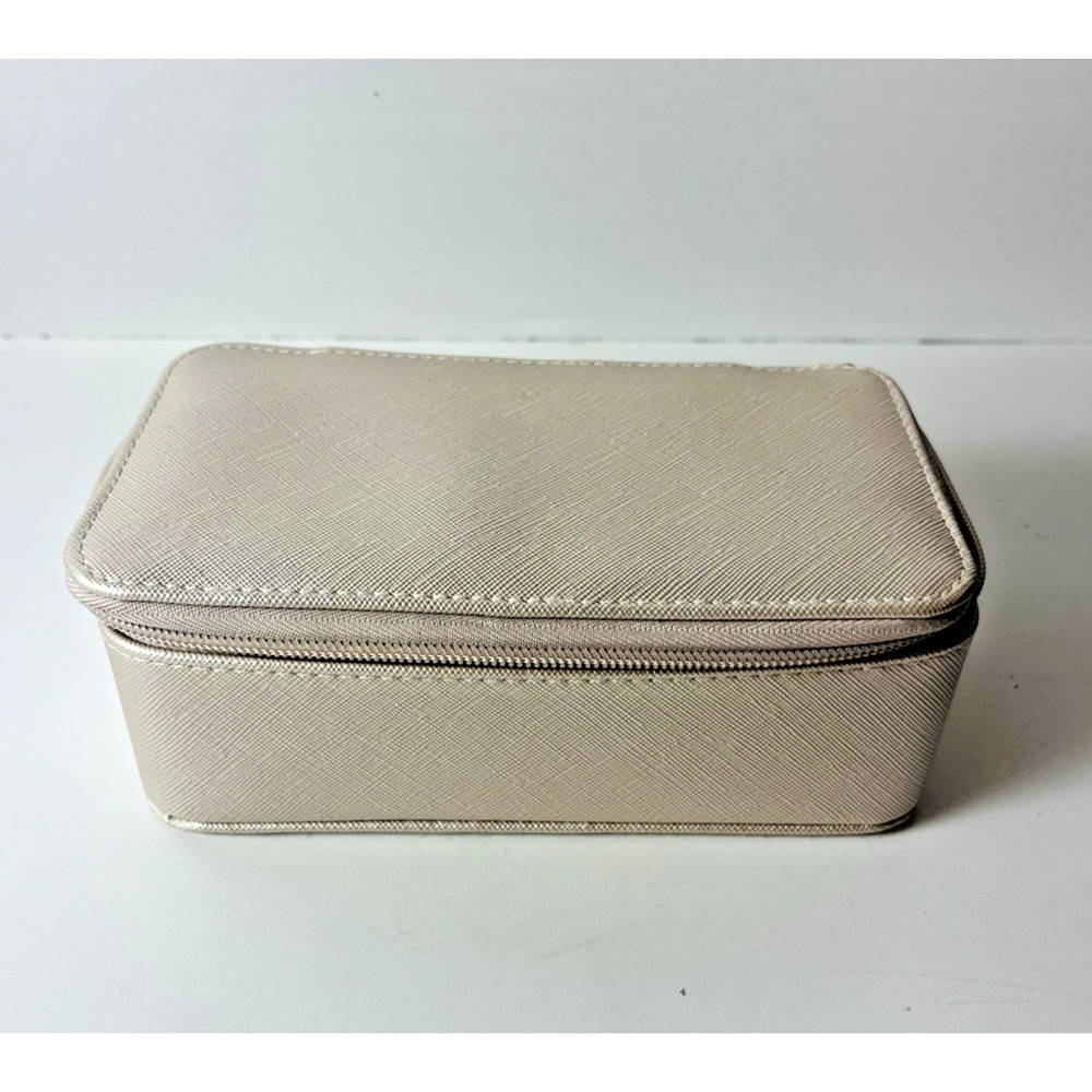 Travel Jewelry Organizer Case Beige Faux Leather Zippered Storage Box - Picture 5 of 11
